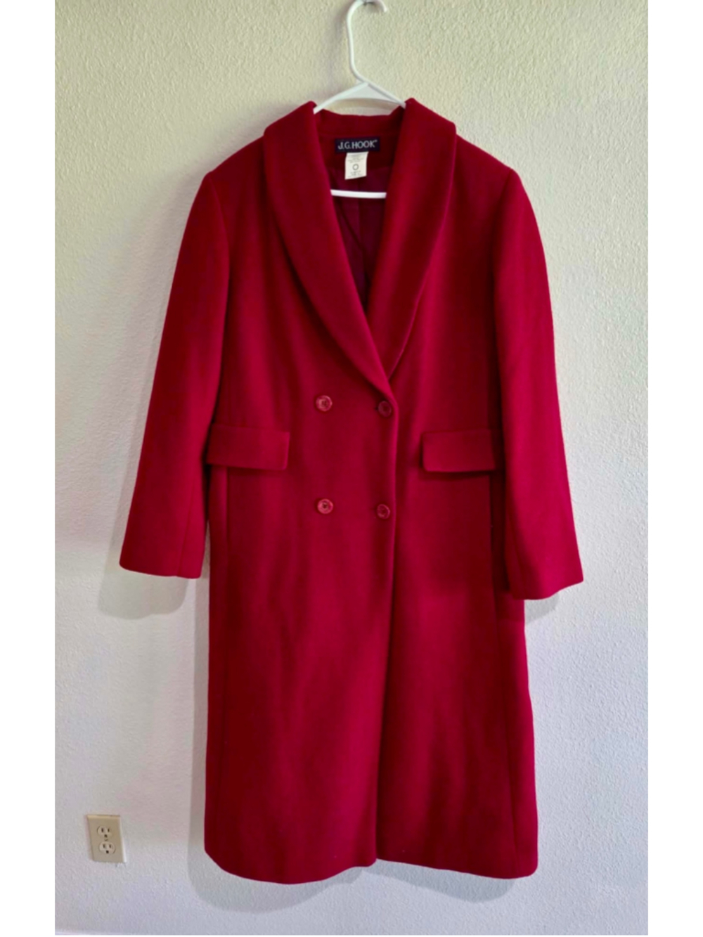 J.G. Hook Wool Coat Women’s Red Size 10 Long Double Breasted Vintage